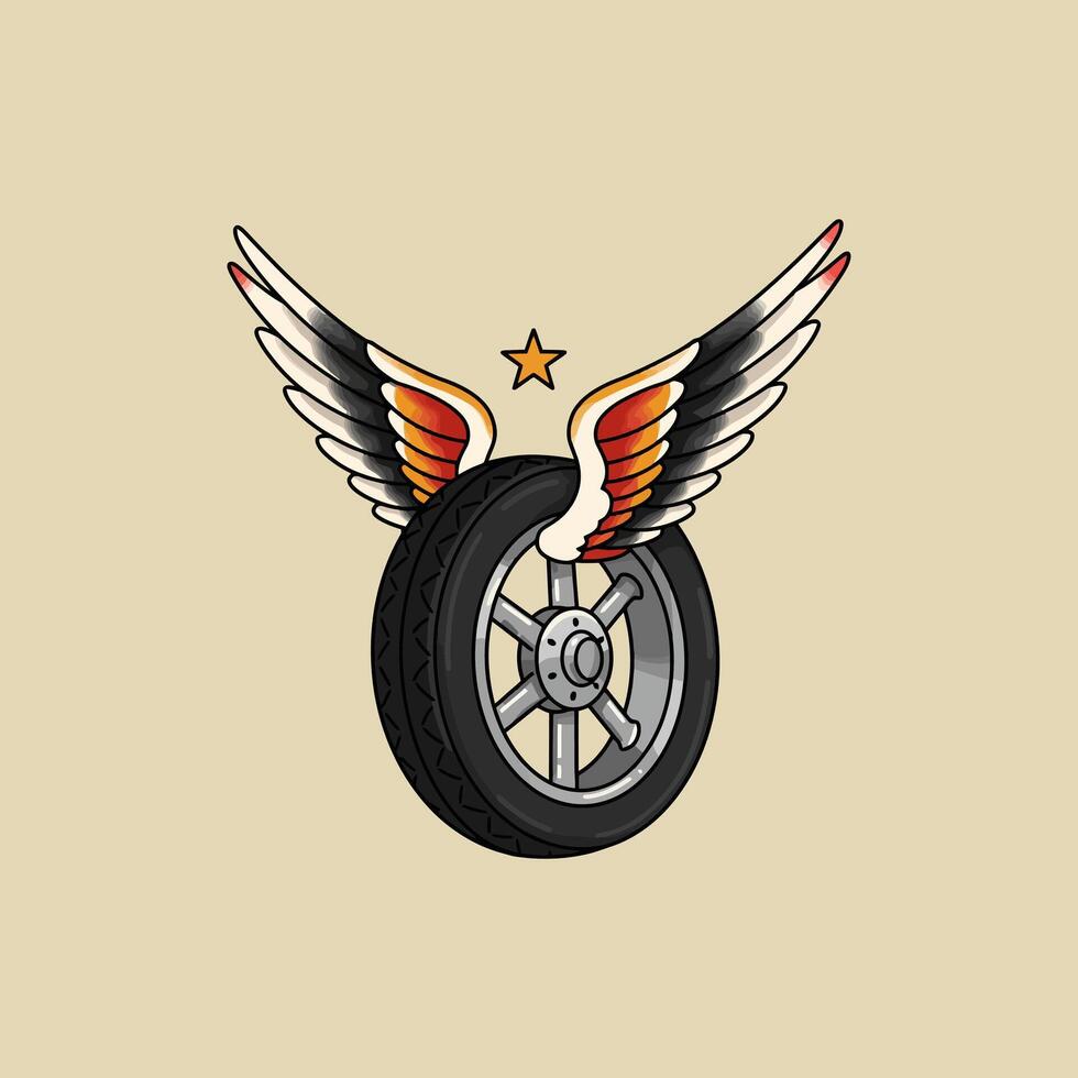 An illustration of a tire with wings and a star above it suitable as a logo or emblem. vector