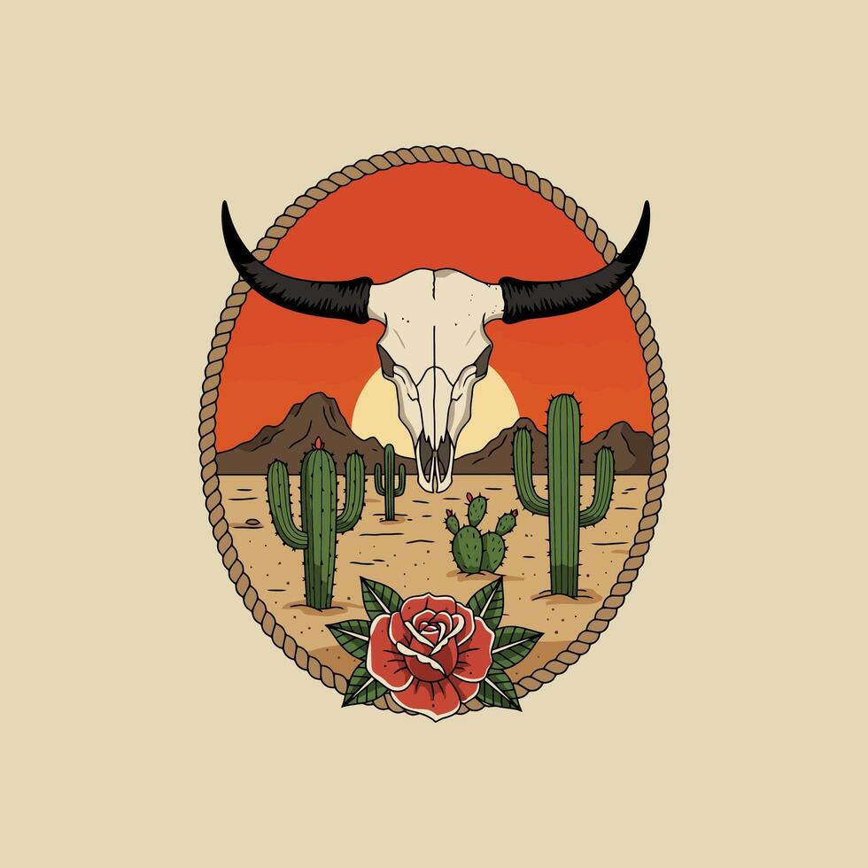 A stylized illustration depicts a bull skull in a desert landscape at sunset with cacti and a rose. vector