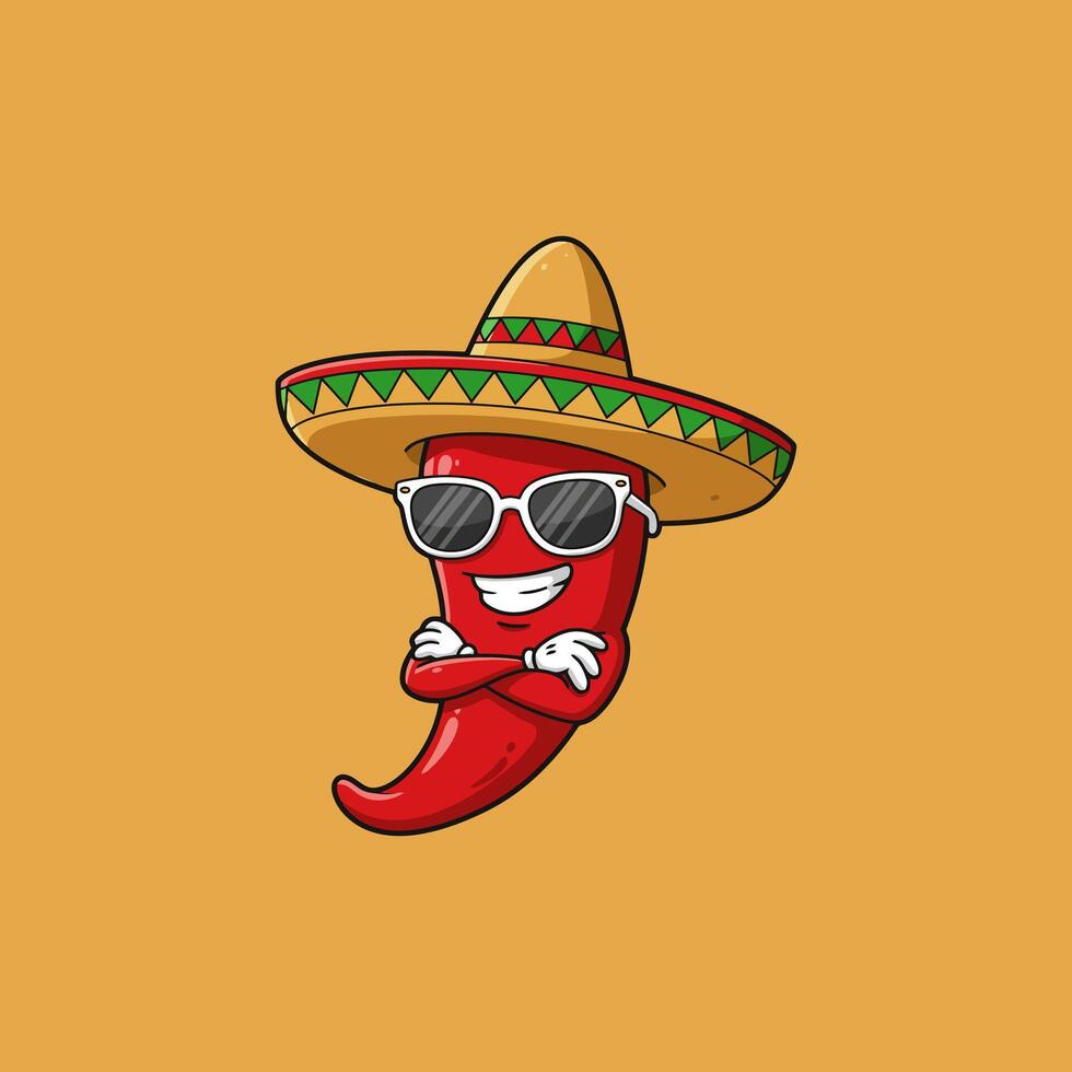 A cartoon chili pepper character sports a sombrero and sunglasses with arms crossed, exuding a cool and festive vibe. vector