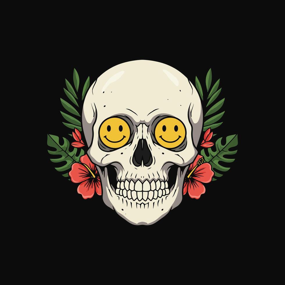 A cheerful skull with smiley eyes is adorned with vibrant tropical flowers and leaves against a black backdrop. vector
