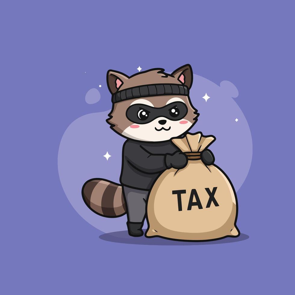 A charming cartoon raccoon dressed as a thief is proudly holding a large bag marked TAX. vector