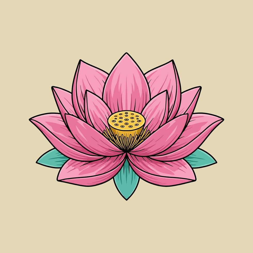 The image shows a stylized pink lotus flower with detailed petals and a yellow stamen against a beige background. vector
