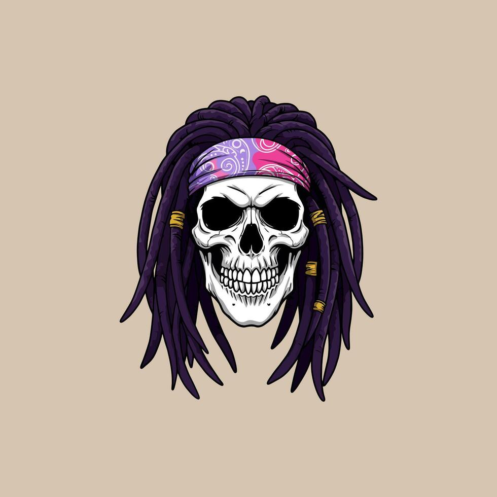 A stylized illustration depicts a skull with long purple dreadlocks and a patterned bandana. vector