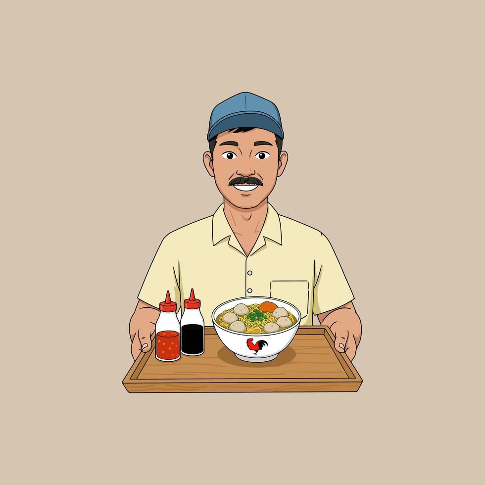 A cheerful vendor offers a bowl of flavorful meatball noodles with condiments on a wooden tray. vector