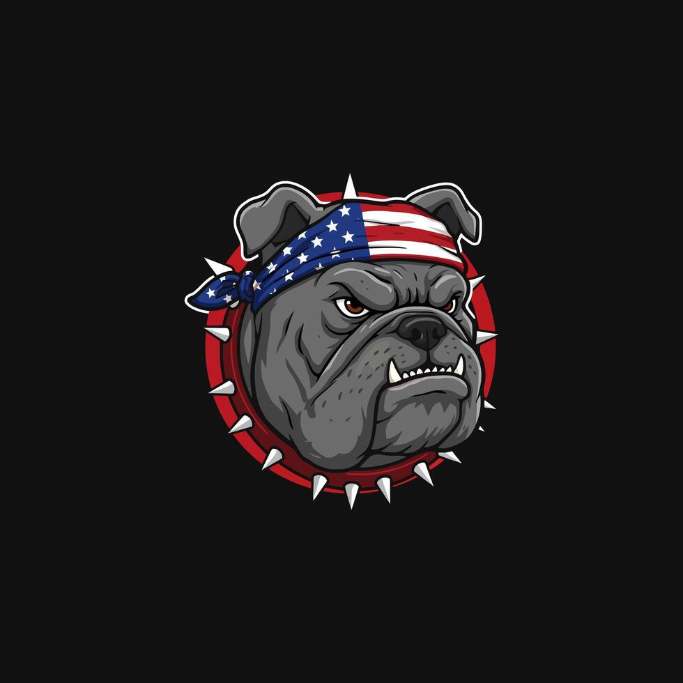 A fierce bulldog head illustration wearing an American flag bandana and a spiked collar against a black background. vector