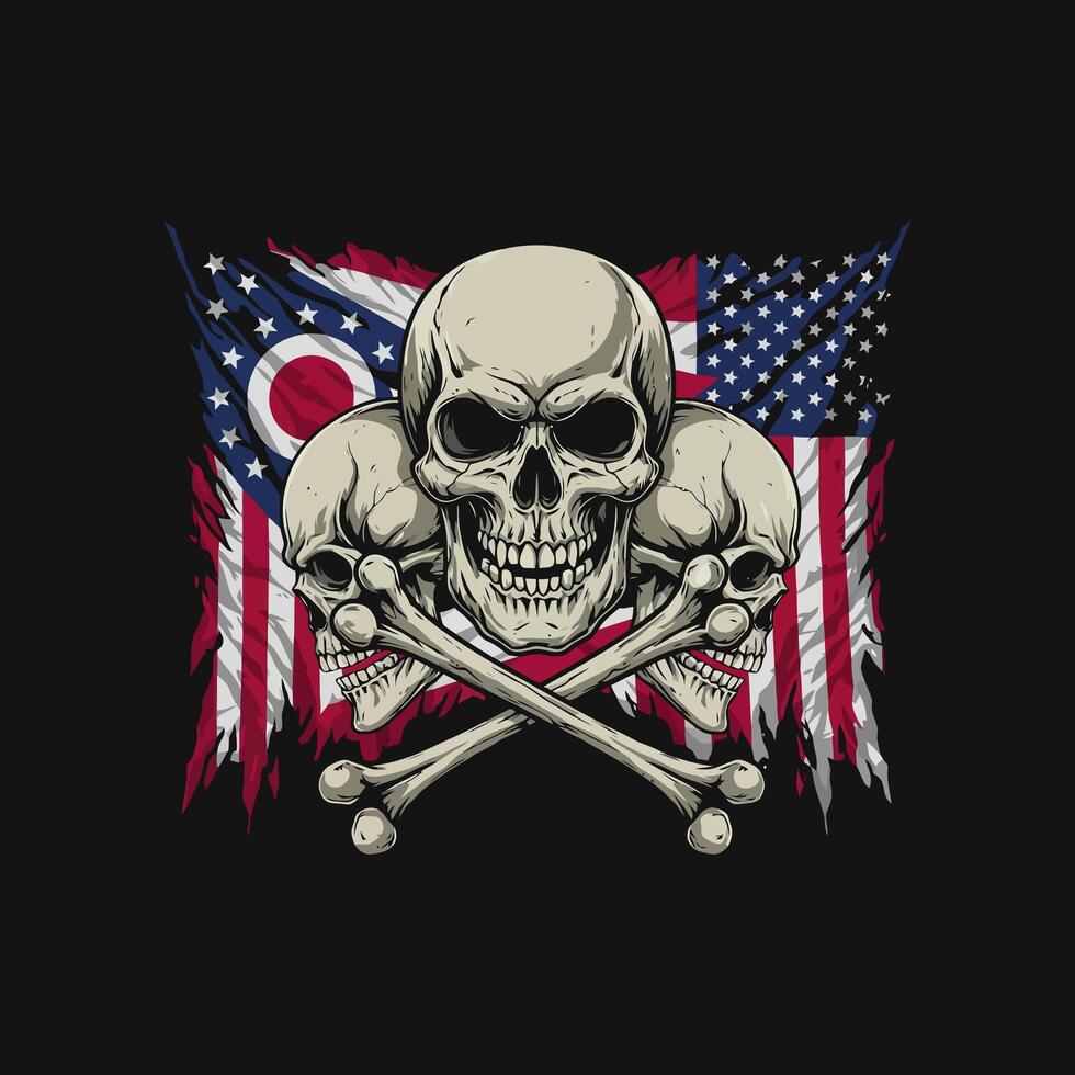 A graphic design featuring three skulls with crossed bones set against a tattered American and Ohio flag. vector