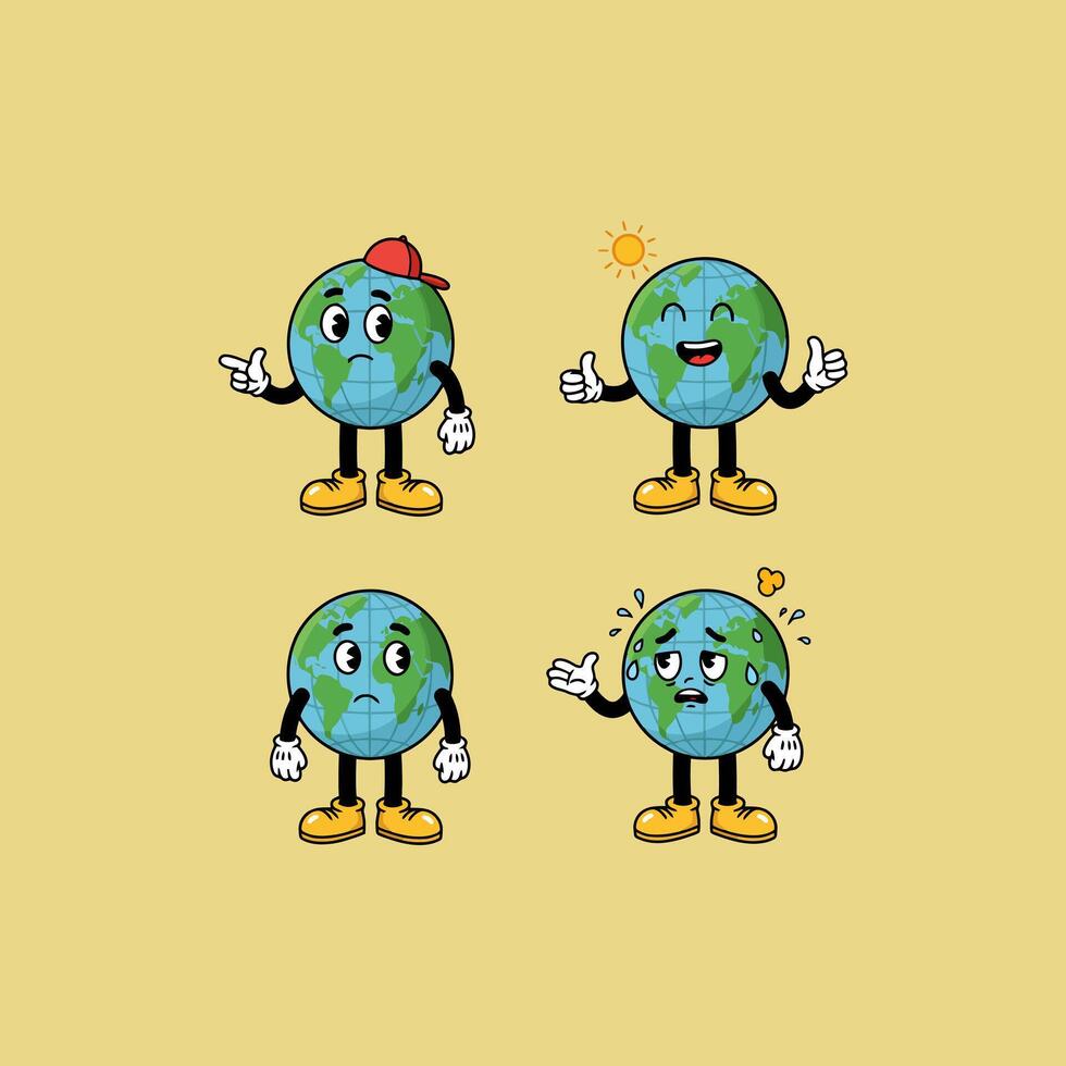 Four illustrations depict a cartoon Earth globe with anthropomorphic features expressing various emotions like happiness, sadness, tiredness, and anger. vector