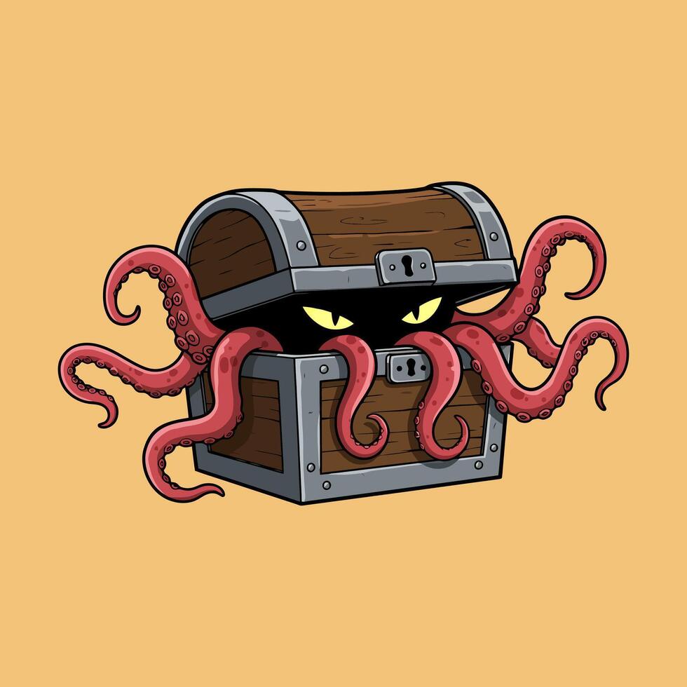 A cartoon illustration depicts a wooden treasure chest with an octopus emerging from it, its eyes glowing menacingly. vector