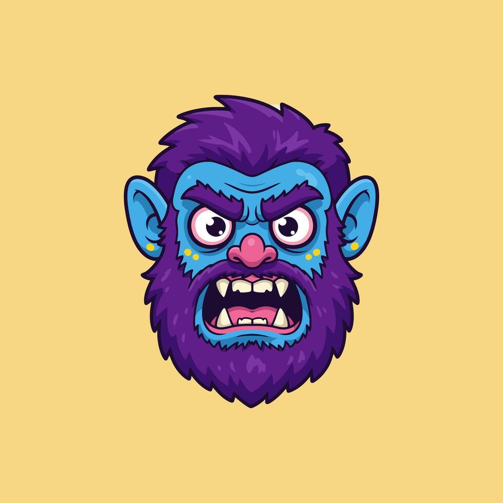A cartoon illustration depicts an angry blue monster head with purple hair and beard. The monster has a fierce expression. vector