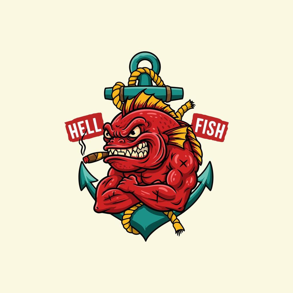 A strong red fish character with muscular arms, smoking a cigar, is depicted within an anchor. vector