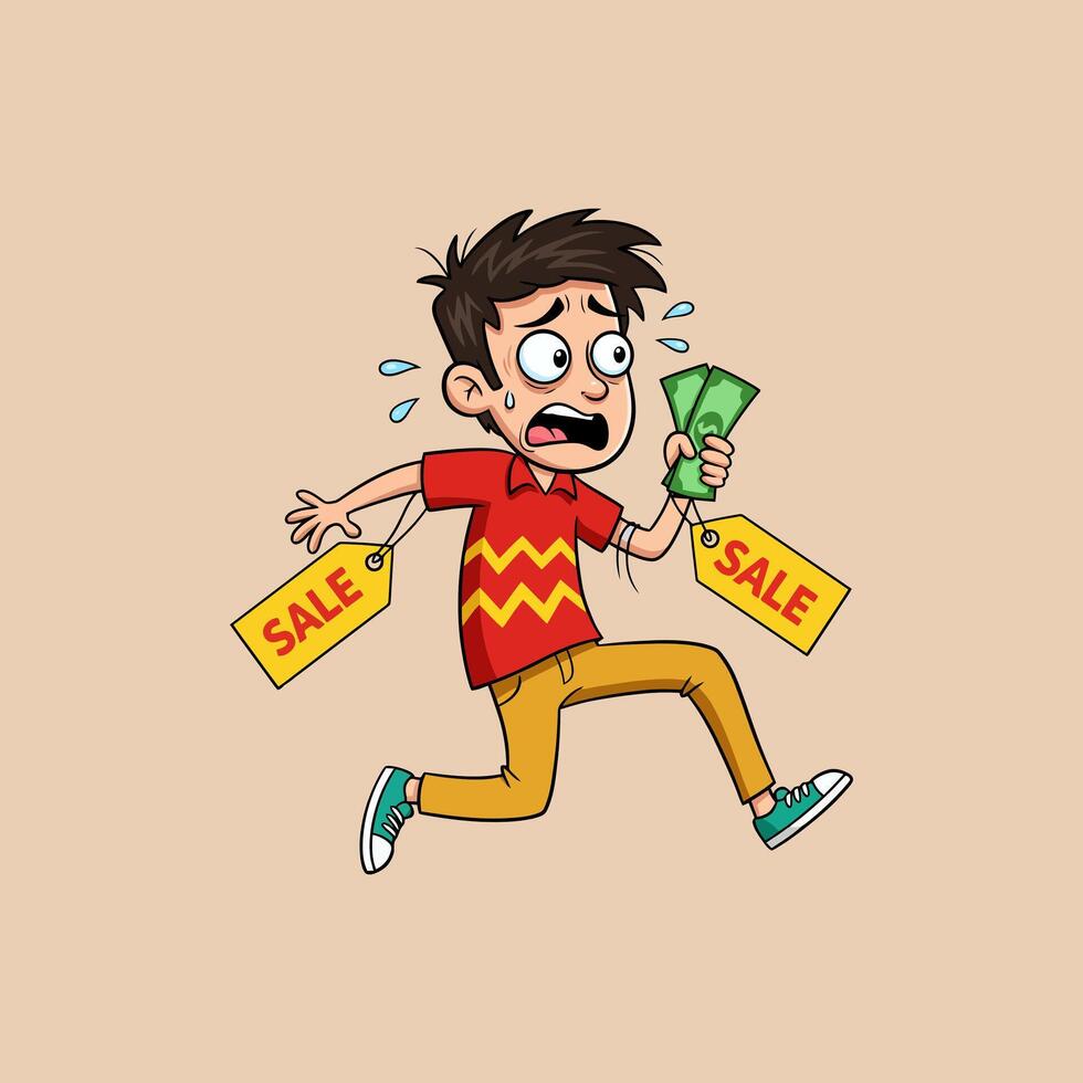 A cartoon boy is running away from sale tags, clutching money, appearing stressed and overwhelmed by shopping. vector