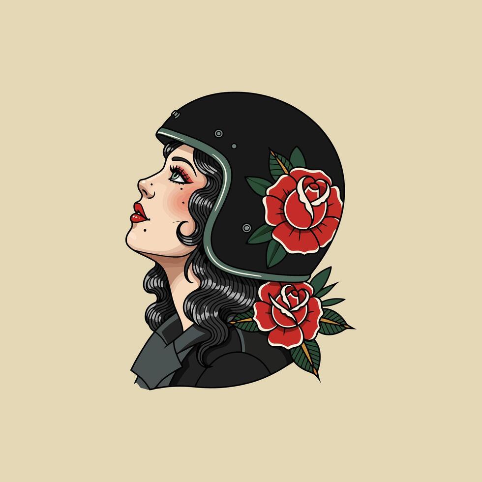 A stylized illustration of a woman in profile wearing a retro helmet decorated with roses. vector