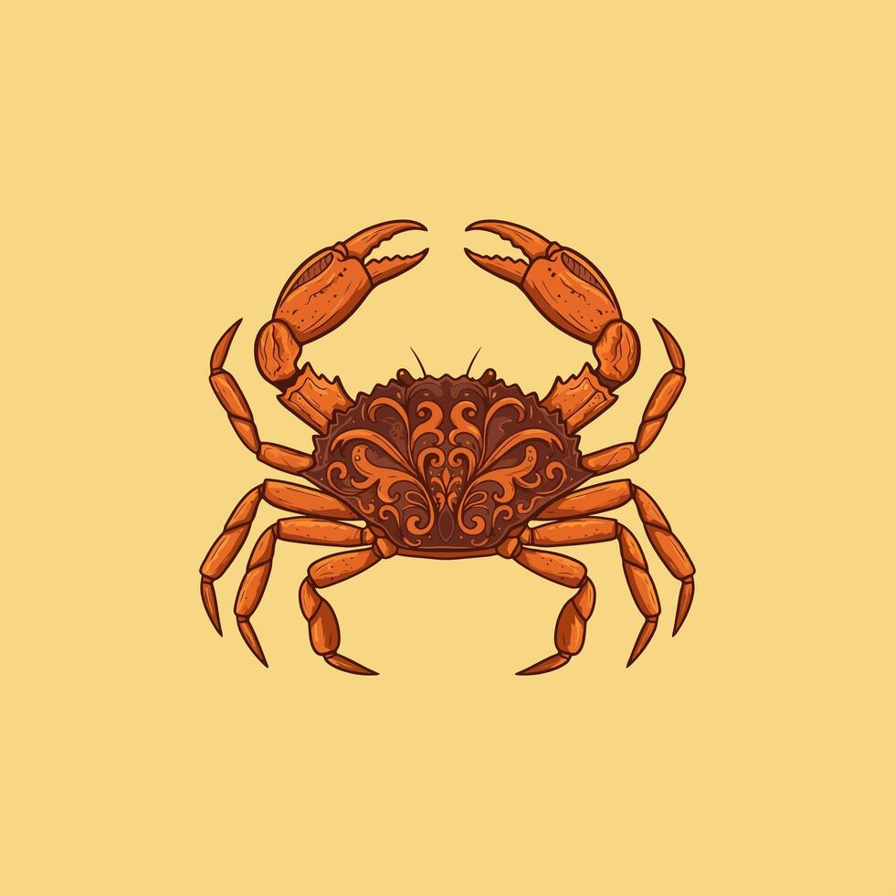 A stylized illustration of a crab with an intricately patterned shell on a pale yellow background. vector