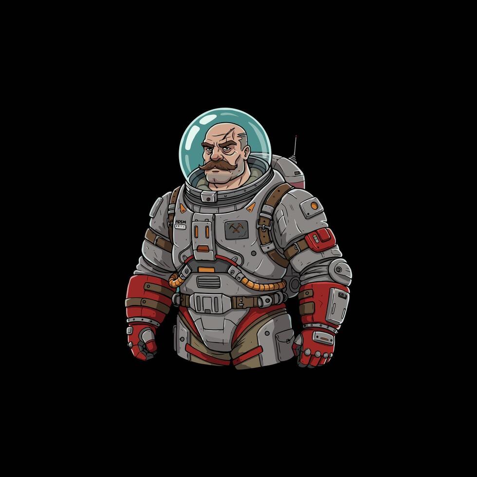 A stylized illustration depicts a stern looking, older male astronaut in a retro-futuristic spacesuit. vector