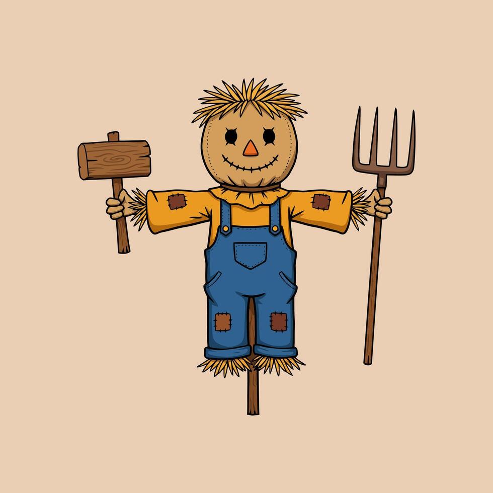 A cheerful cartoon scarecrow stands holding a wooden hammer and pitchfork. vector