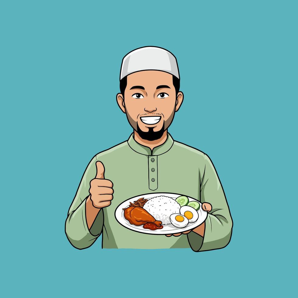 A smiling man in traditional Muslim attire gives a thumbs-up while presenting a plate of Nasi Lemak. vector