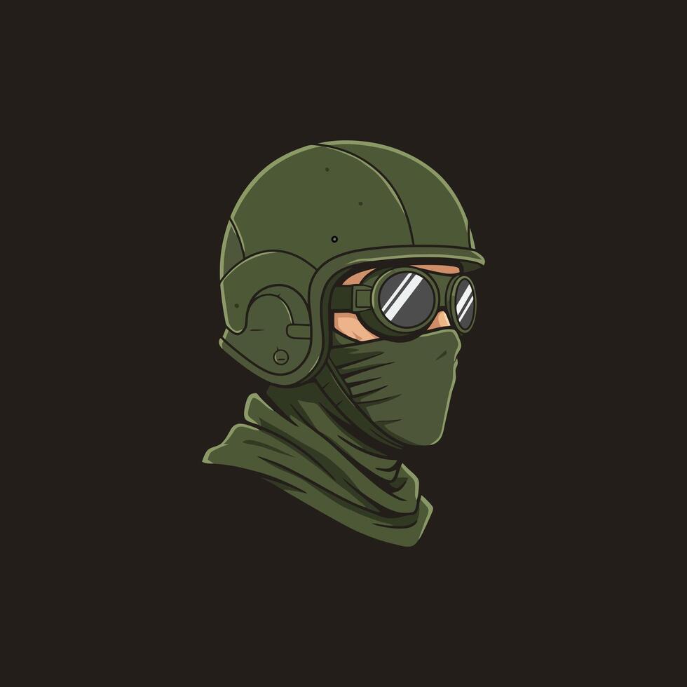 A profile illustration depicts a soldier wearing a green helmet, goggles, and a face covering. vector
