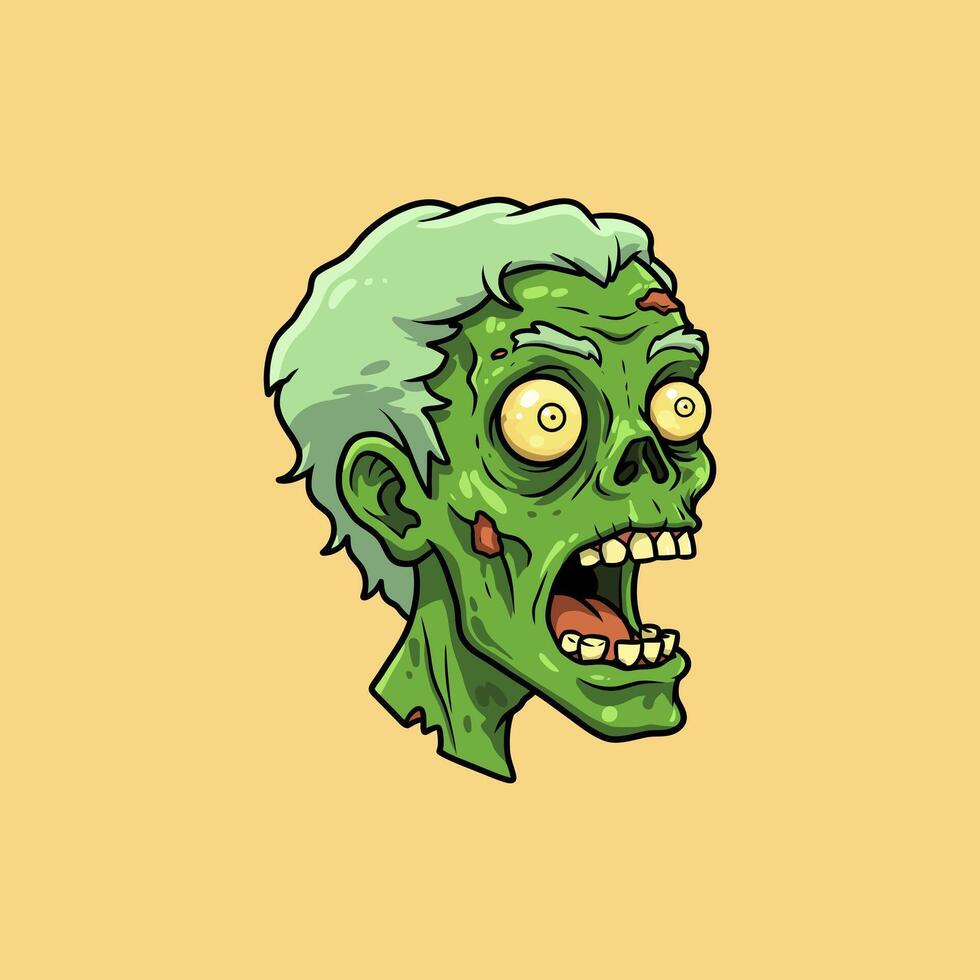 A cartoon illustration depicts a green zombie head with a wide open mouth, showing decaying teeth and a gruesome expression. vector