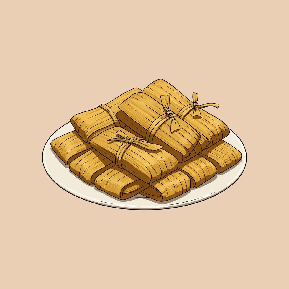 A stylized illustration shows several tamales neatly arranged on a white plate ready for consumption. vector