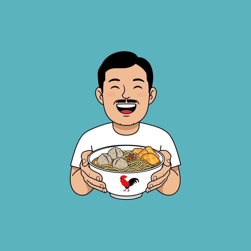 A cartoon illustration of a happy man proudly presenting a bowl of delicious-looking noodles with meatballs. vector
