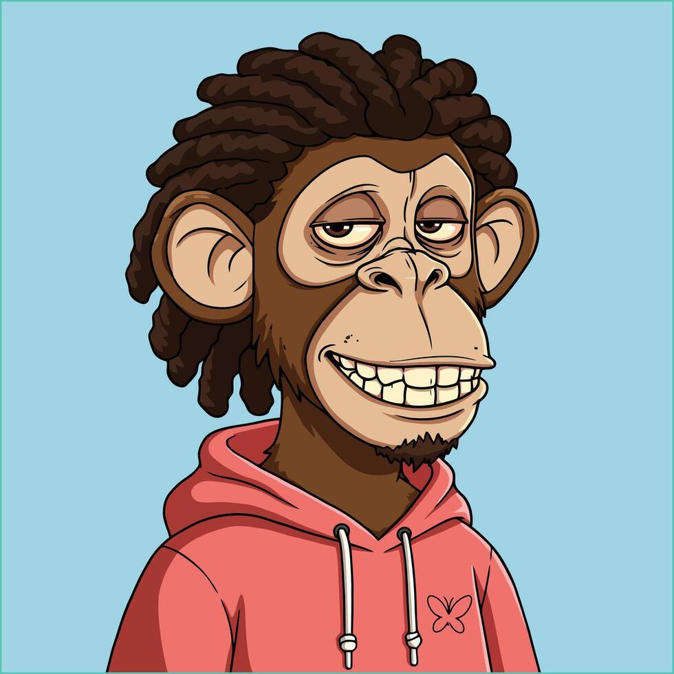 A cartoon illustration of a chimpanzee with dreadlocks wearing a pink hoodie and smiling. vector