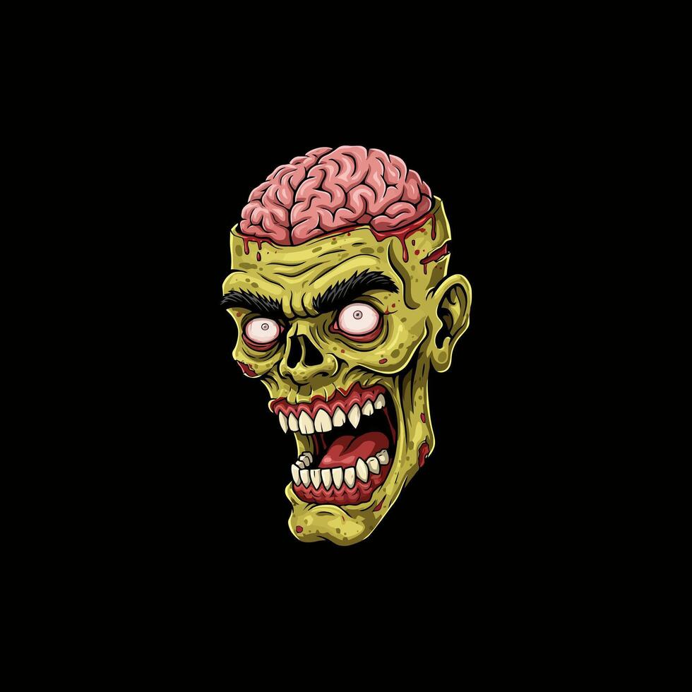 The image depicts a gruesome cartoon zombie head with its brain exposed and a gaping maw revealing sharp teeth. vector