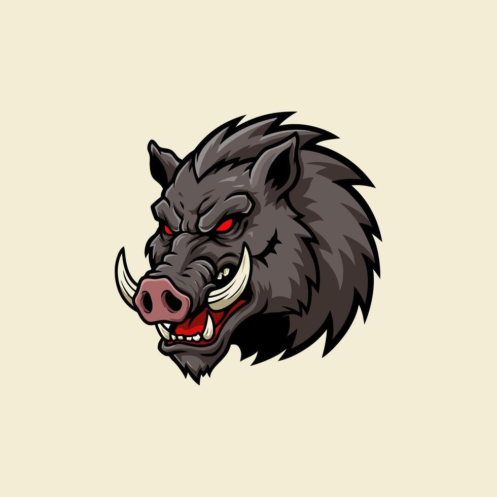 A fierce cartoon boar head mascot with red eyes and prominent tusks, ideal for a logo or brand. vector