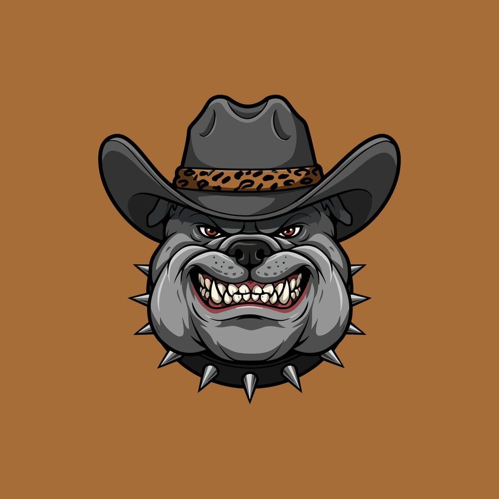 A fierce bulldog wearing a cowboy hat and spiked collar is depicted in this illustration. vector