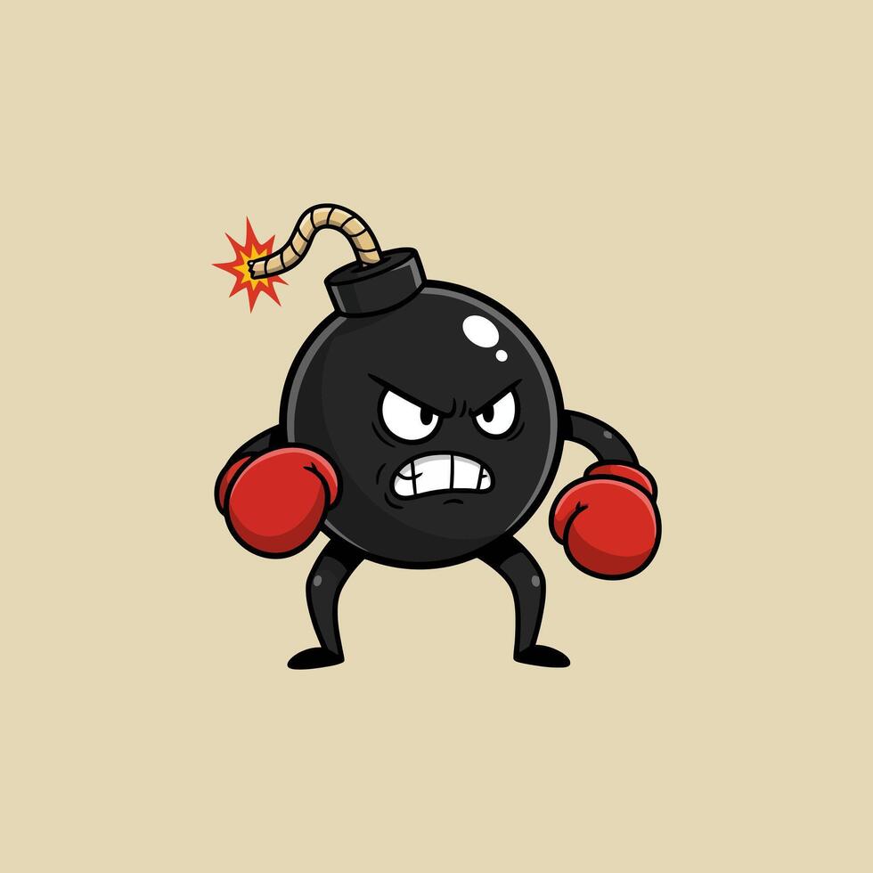 An illustration of a cartoon bomb character with an angry expression wearing red boxing gloves. vector