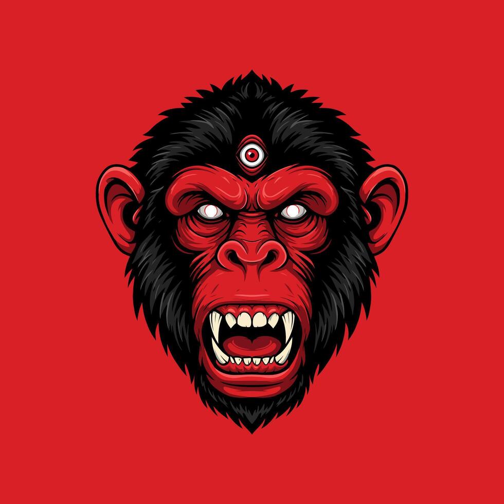 A stylized illustration of an angry red chimpanzee head with a third eye, conveying power and aggression. vector