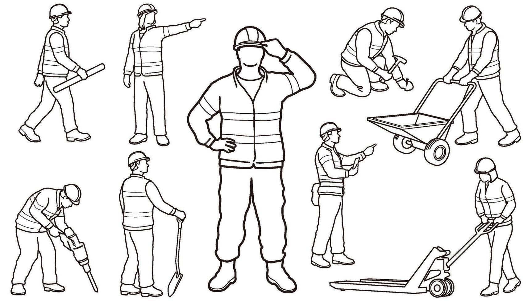 Set Of Construction Workers Monochrome Line Drawing Set Isolated On A White Background. vector