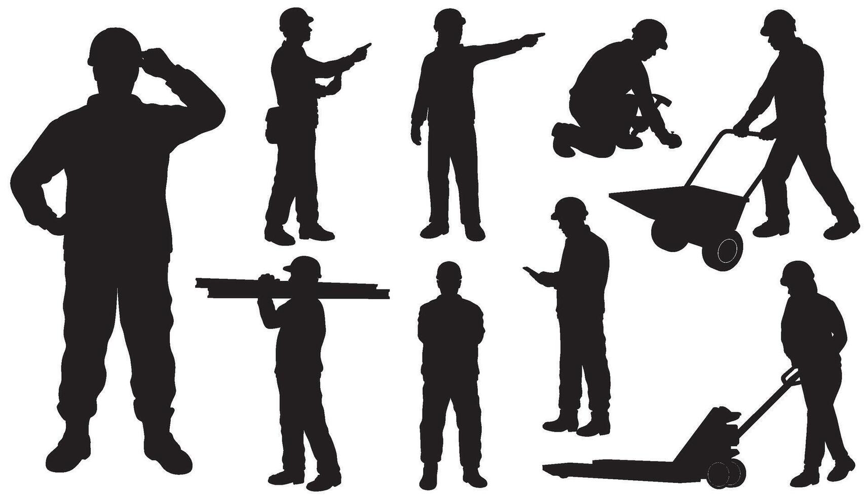 Construction Workers Monochrome Silhouette Illustration Set Isolated On A White Background. vector
