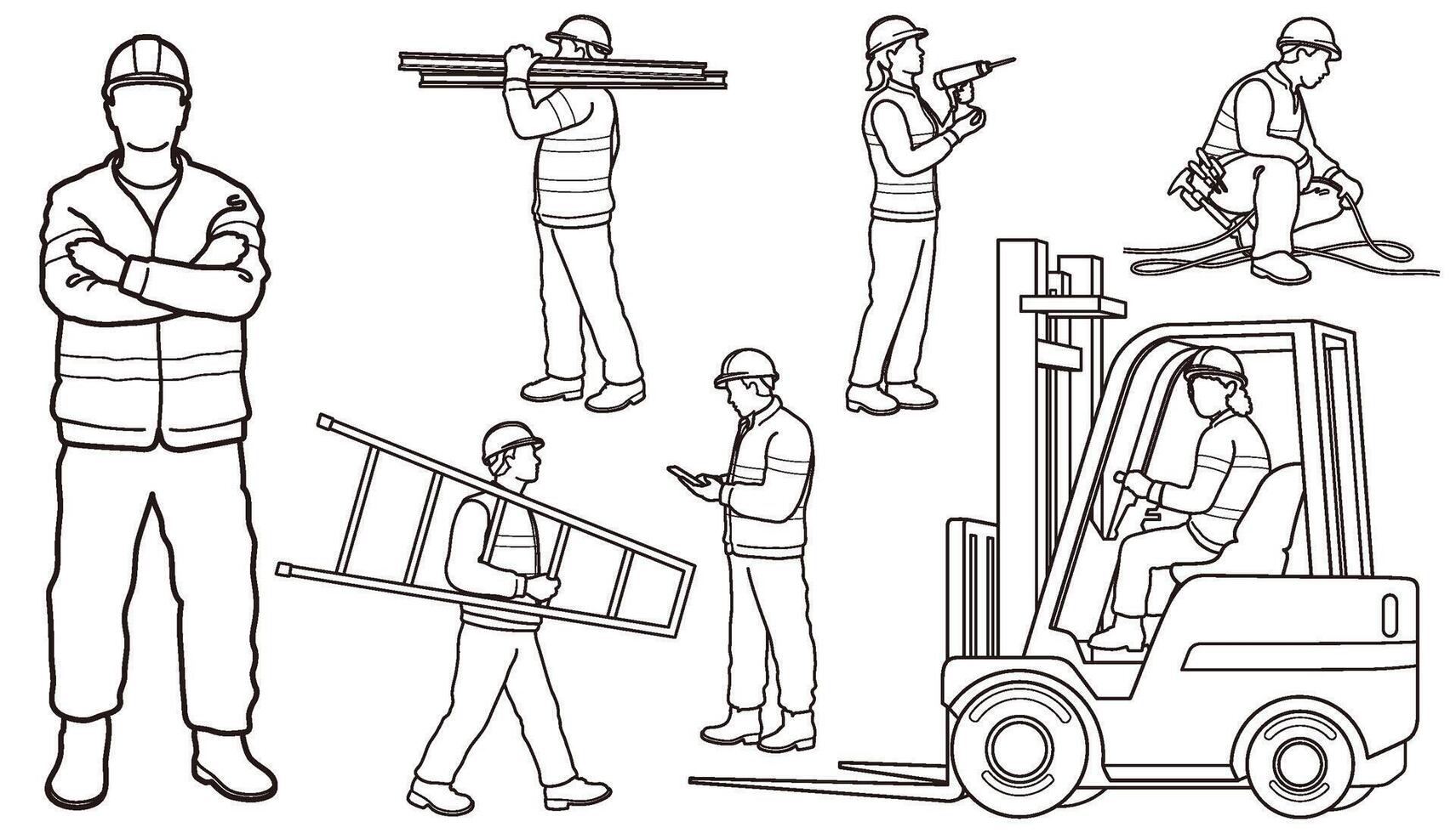 Construction Workers Monochrome Line Drawing Set Isolated On A White Background. vector