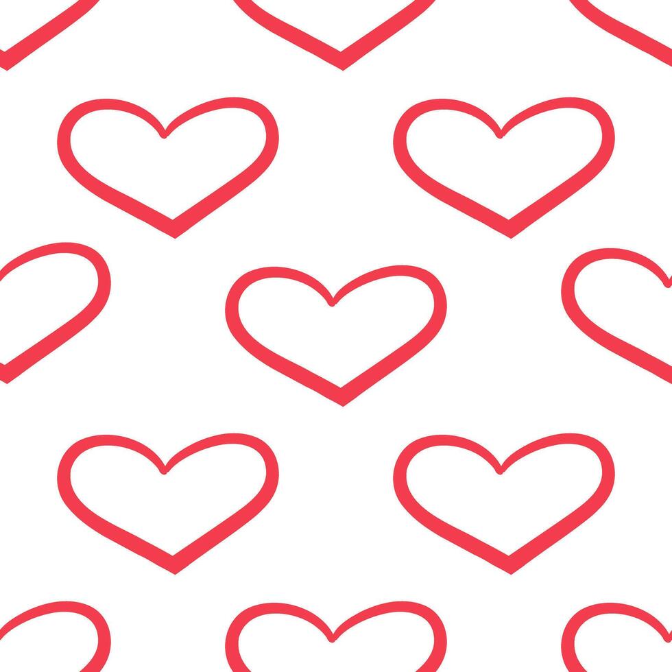 Red outlined hearts seamless pattern on white background in doodle style vector