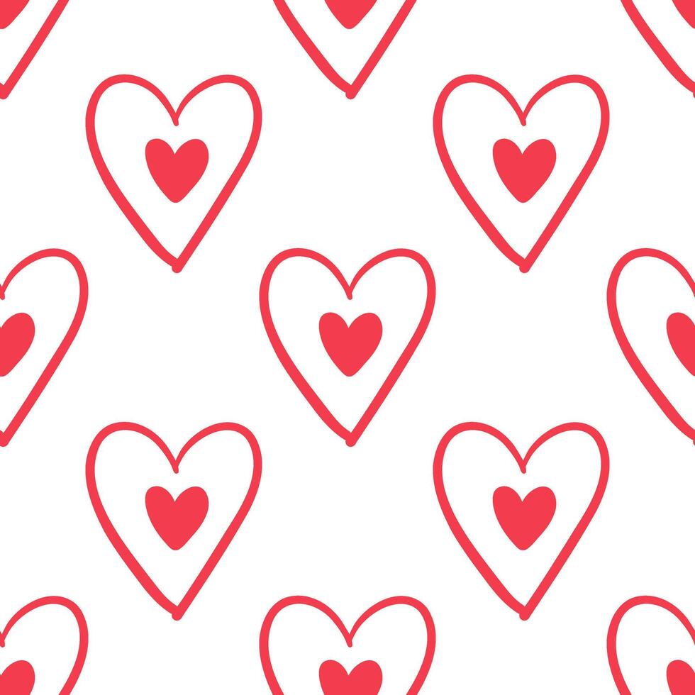 Seamless pattern with red outlined hearts and filled center in doodle style vector