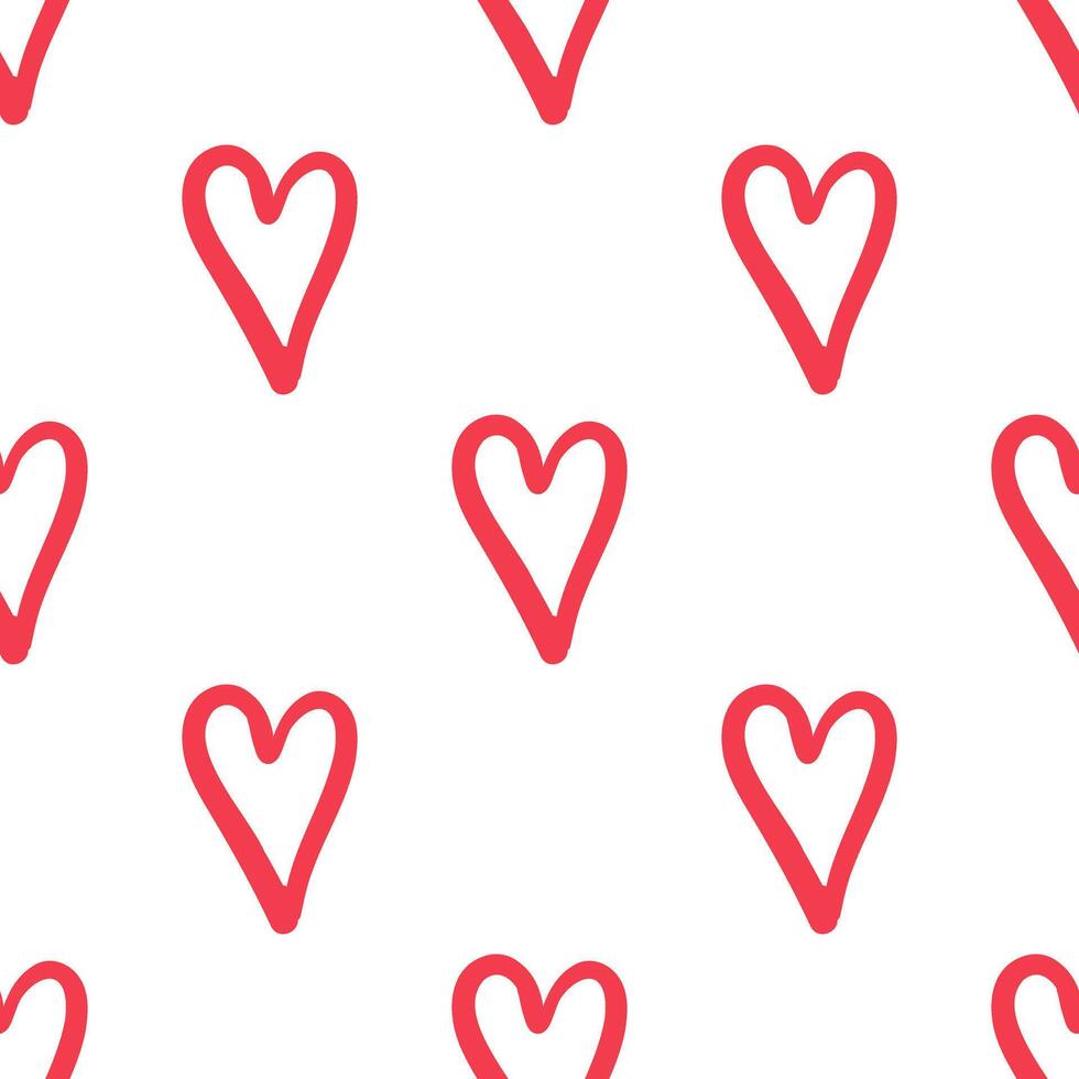 Seamless pattern with red hand-drawn hearts on white background in doodle style vector