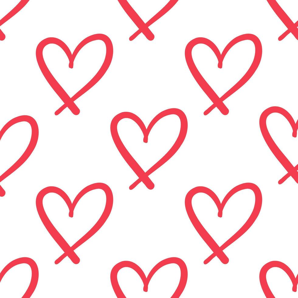 Seamless pattern with red crossed hearts on white background in doodle style vector