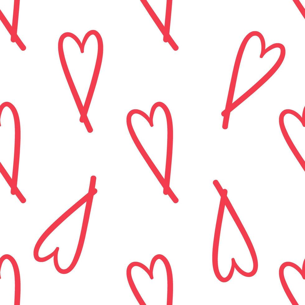 Seamless pattern with red elongated hearts on white background in doodle style vector