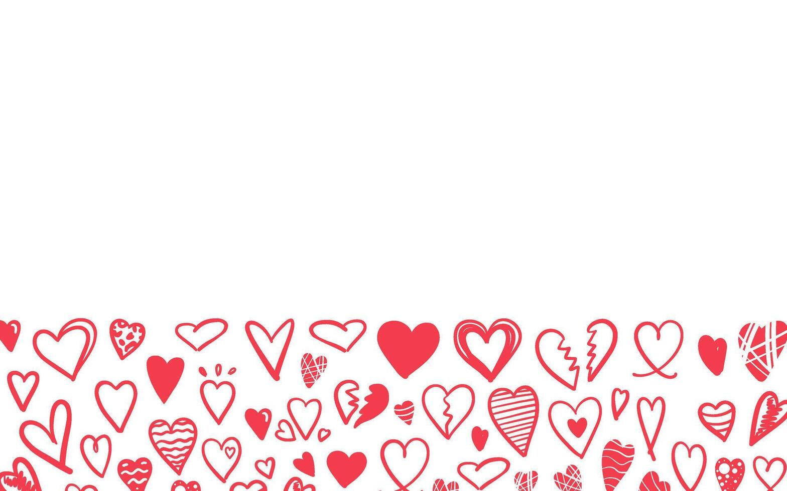 Bottom border with red doodle hearts on white background in sketch style vector