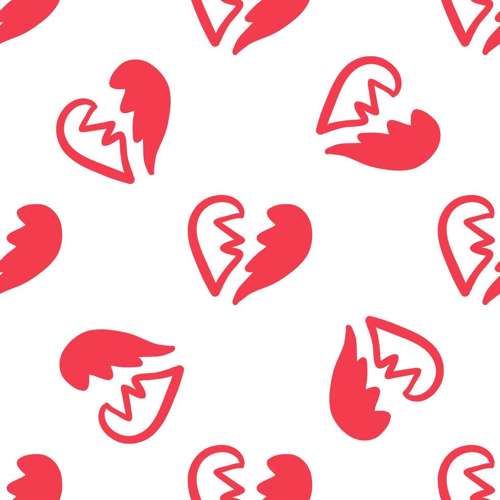 Seamless pattern with broken red hearts on white background in doodle style vector