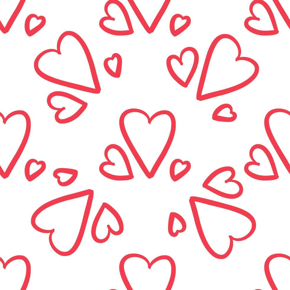 Seamless pattern with red large and small hearts in doodle style vector