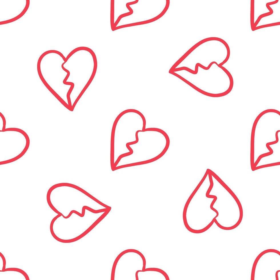Seamless pattern with outlined broken red hearts on white background in doodle style vector