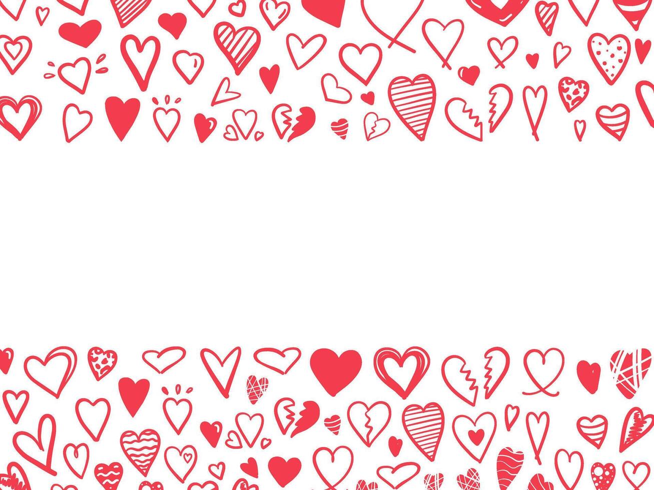 Border with various red hearts on white background in doodle style vector