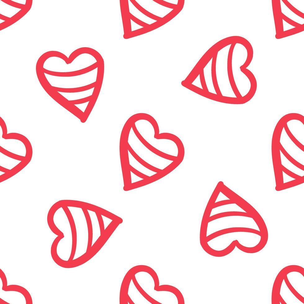 Seamless pattern with striped red hearts on white background in doodle style vector