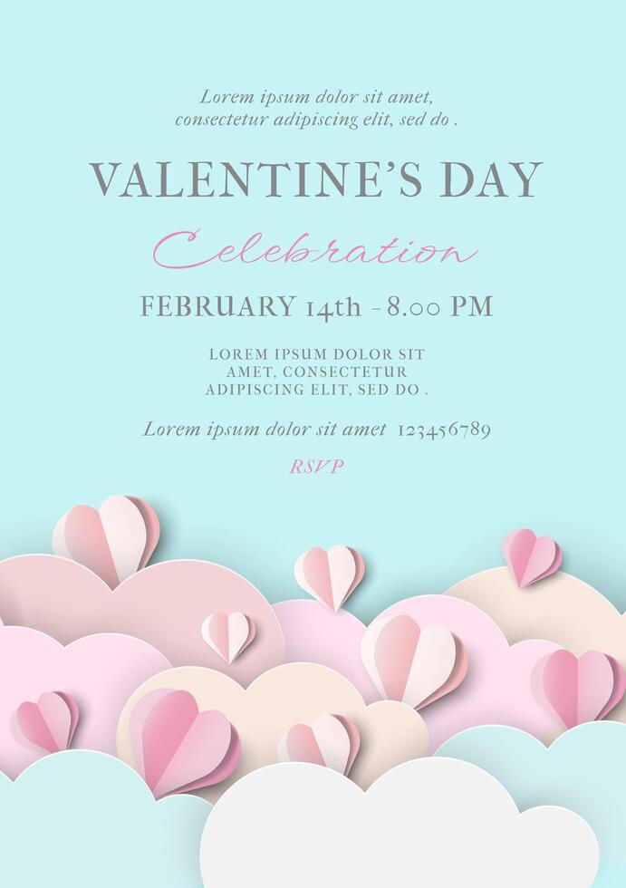 Happy Valentine's Day Invitation Card. Cute Poster with 3D Papercut Heart and Cloud. Modern Design Suitable for Invitation, Mother's and Women's Day, Birthday, March 8. Trendy Concept Holiday Template vector