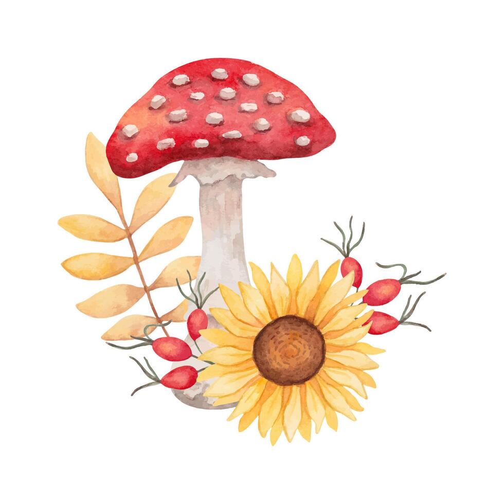 Composition of fly agaric mushroom with sunflower, rose hips and leaves. Botanical watercolor forest illustration. Nature clipart for autumn holidays. Thanksgiving, Halloween. Hand drawn isolated art vector