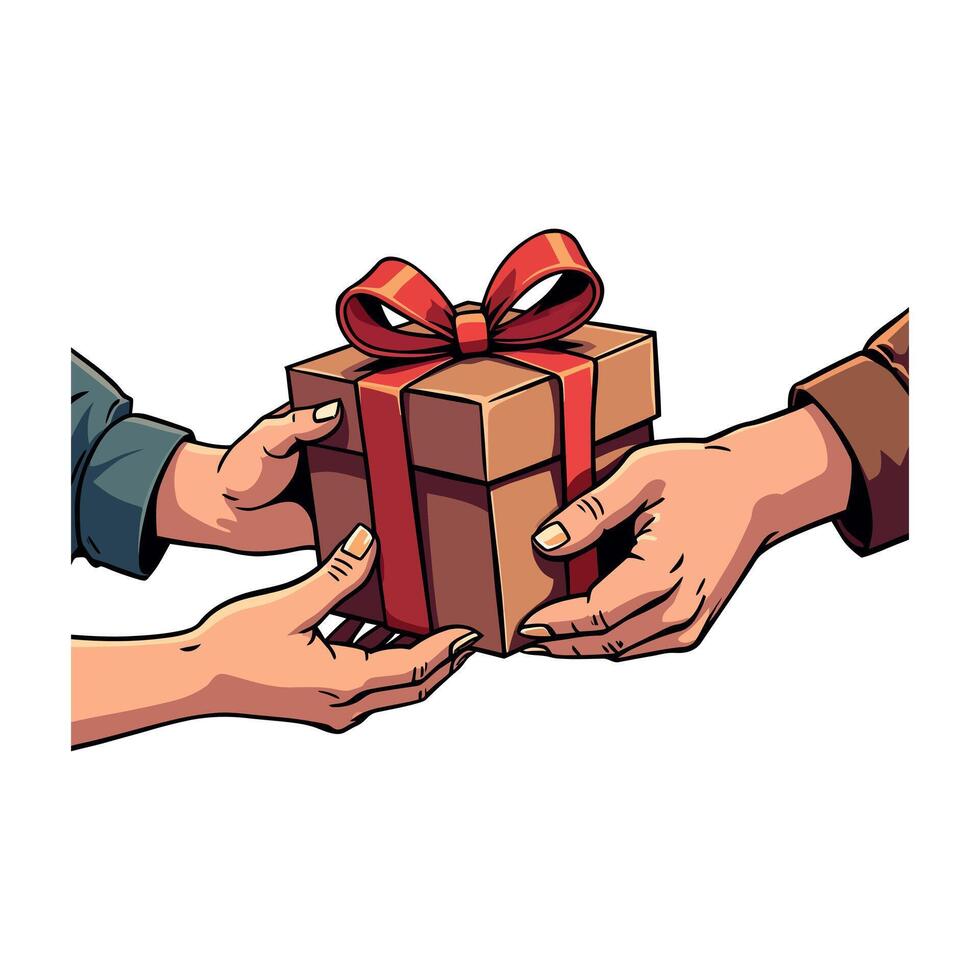 two Boy and one girl hand holding or exchanging a wrapping gift box Illustration isolated on a white background vector