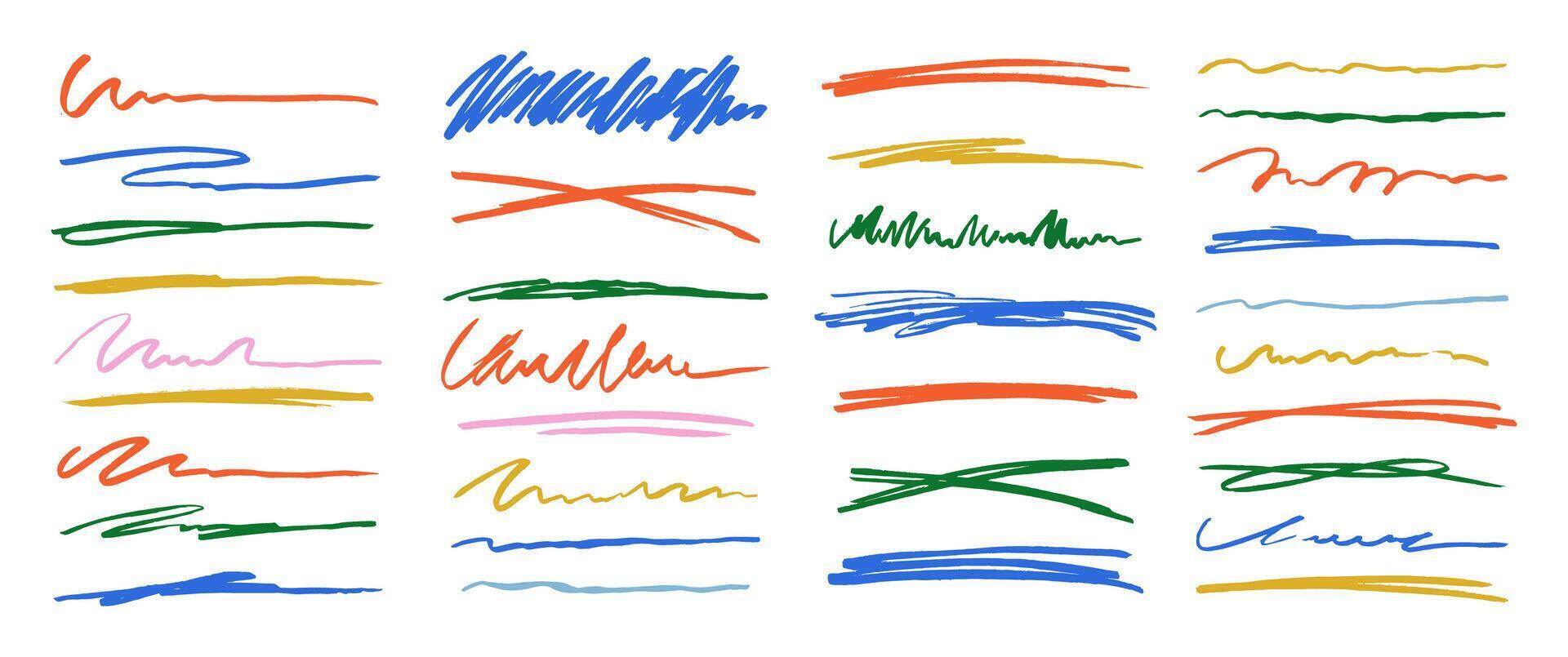 Marker lines for underline and highlight. Black brush freehand stroke, cross and squiggle collection. Color illustration on a white background. vector
