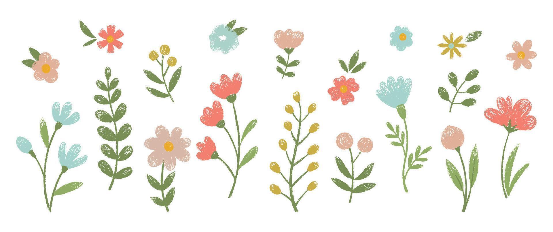 Set of doodle flowers for kids with crayon, chalk or pastel texture. Scandinavian spring floral background. Easter or summer illustration. vector