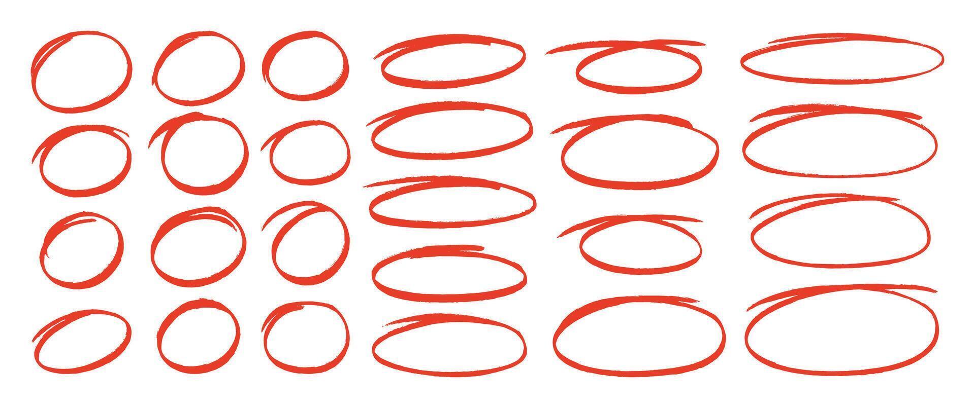 Hand drawn ovals and circles set. Freehand brush stroke highlight round, circular highlight frame element. Red illustration. vector